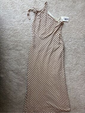 Hello Molly Striped Brown and Cream One-Shoulder Maxi Dress